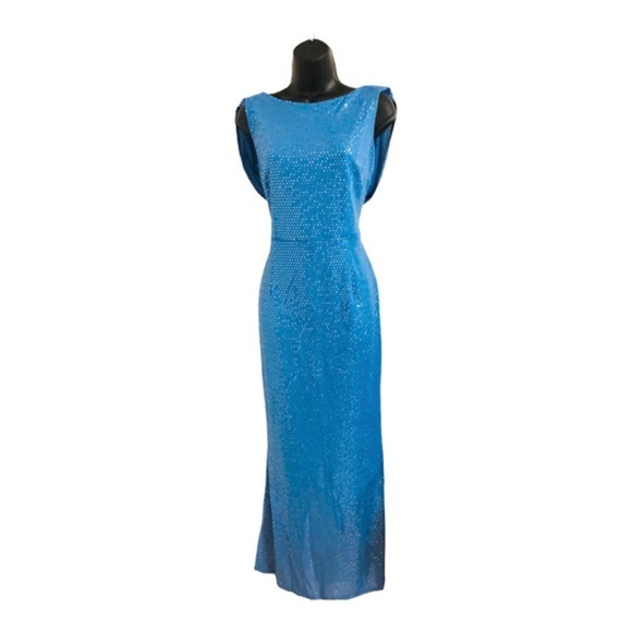 Blue sequin drape cowl back batwing style‎ maxi gown dress size 8 brand new - Picture 3 of 16